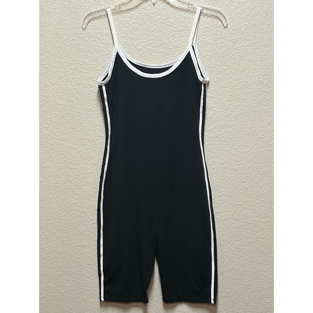 Active USA Womens Black Athletic Unitard Romper White Stripe Trim Large